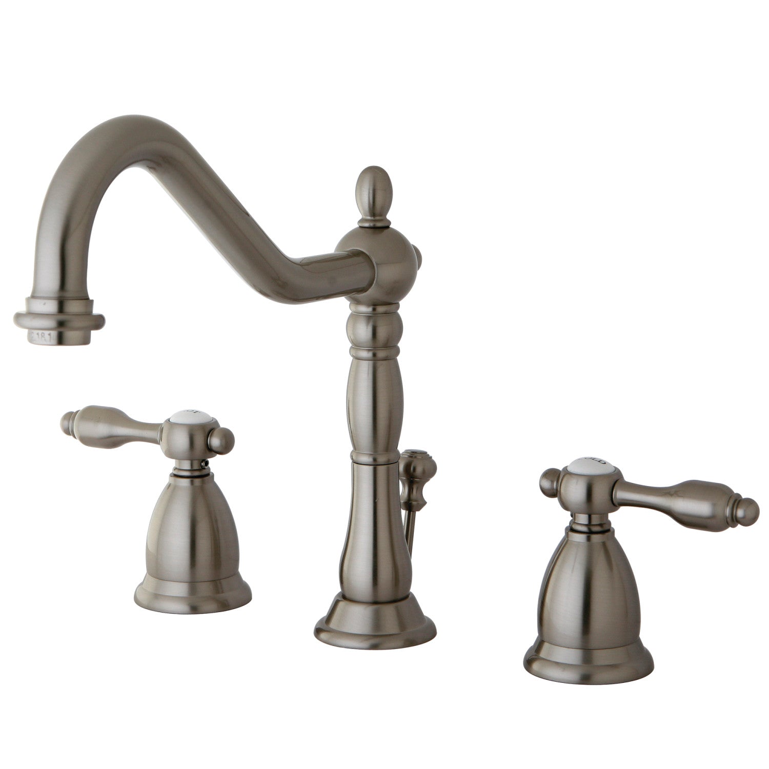 Kingston Heirloom KS1998TAL - Tudor Two-Handle 3-Hole Deck Mount Widespread Bathroom Faucet with Brass Pop-Up, Brushed Nickel — image 1